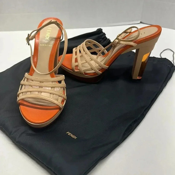 Fendi High Heel Pumps Shoes Ankle Strap Leather Designer Orange Tan Size 37 6.5 - Picture 1 of 14